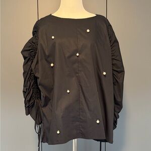 Zara Black Ruched-Sleeve Top with Pearl Accents s. Small S